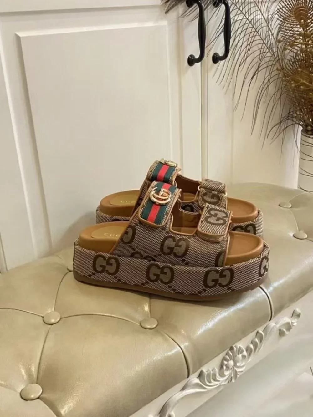 Gucci Monogram Canvas Adjustable Velcro Platform Slides